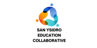 A blobby triangle shape made of twisting blue, aqua, and orange shapes that connect in a triangle type shape with matching dots above each corner over the words San Ysidro Education Collaborative sponsor logo
